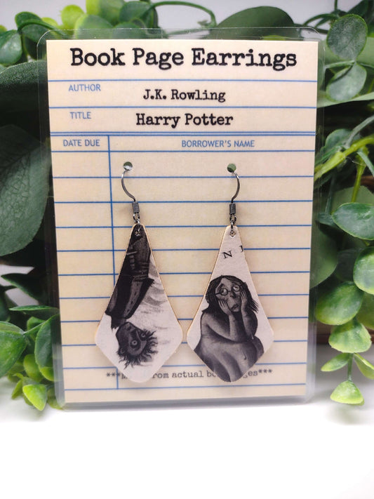 Harry Potter upcycled Book Page wooden dangle earrings image 0
